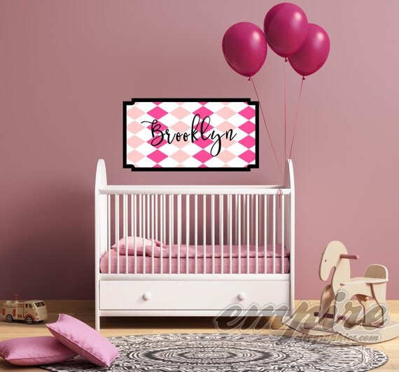Girls Pink Diamond Pattern Custom Name Decal, Framed Custom Nursery Decal, Personalized Name Wall Decal, Harlequin Decals, Monogram decal
