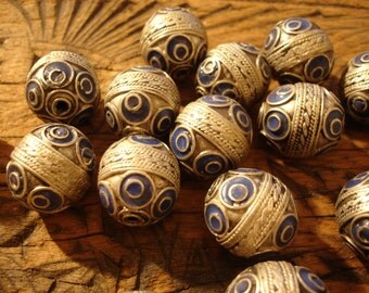 Moroccan very tarnished barrel ornate blue enamel bead