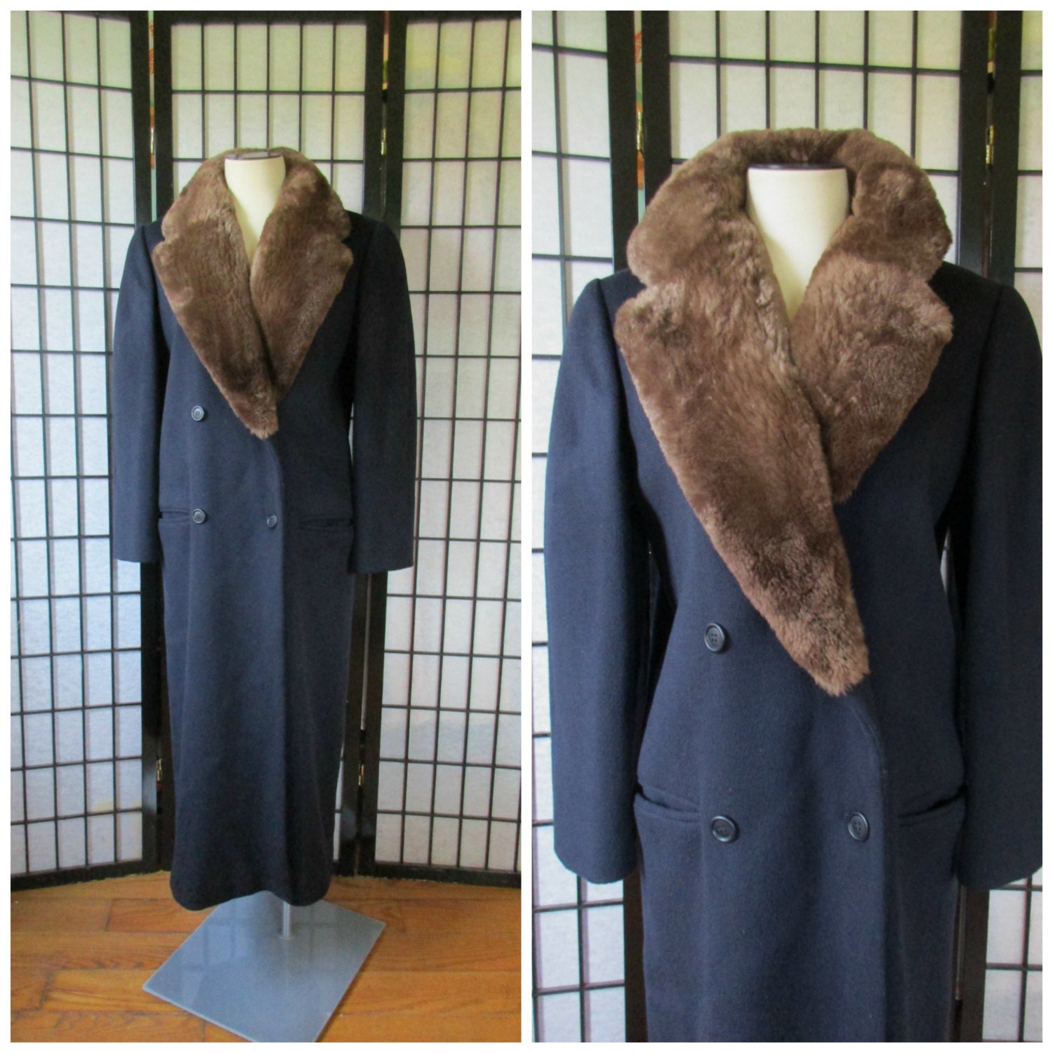 Vintage Perry Ellis Wool Coat Navy Blue and Brown Beaver Fur