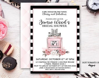 Bridal Shower Invitation- Perfume bottle invitation-Paris invitation black and white elegant- pink- watercolor- french invitation-printable