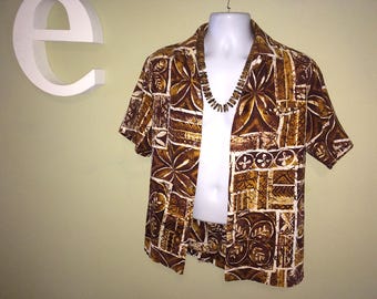 Men's Vintage 60s Hawaiian Shirt MALIHINI Brown Tapa Cloth Print Barkcloth Tiki Oasis Hukilau Mad Men Polynesian Tribal Size Large 46" Chest