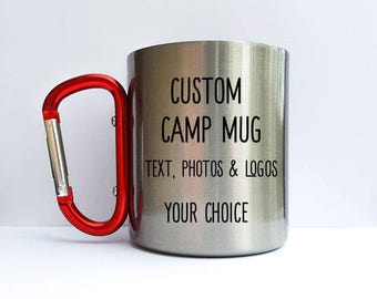Stainless Steel Camp Mug, Custom Camp mug, Hiking mug, backpacking mug, camping gear drink cup, climbers gift, working red clip handle