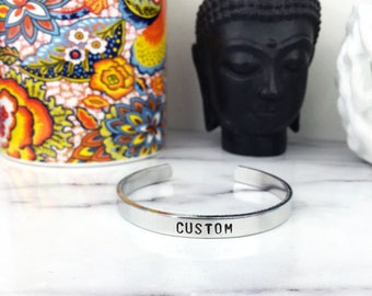 Thin Silver Custom Cuff Bracelet - Personalized Customized Quote Name Date Message Gift