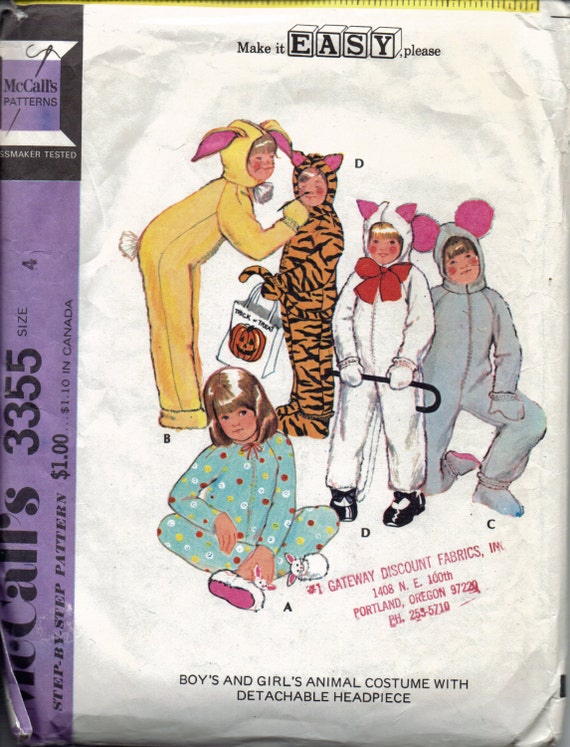 Vintage 1970s Kids Halloween Costume Pattern, Rabbit, Tiger, Cat, Mouse Costume Pattern, Blanket Sleeper with Mittens and Booties, Size 4