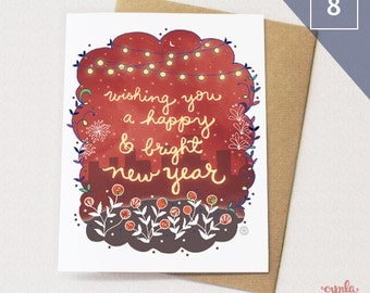 Bright Happy New Year Card SET of 8 - Holiday card, New years day, starry, city greeting card