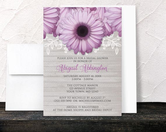 Purple Daisy Bridal Shower Invitations - Rustic Floral and Light Gray Wood - Printed Invitations Il_570xn