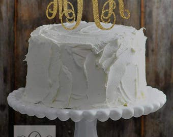 Custom Gold Glitter Monogram Wedding Cake Topper