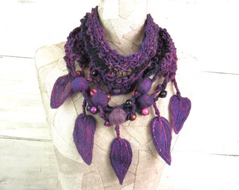 Art Knit infinity scarf necklace , boho knit loop , Hand Knitted wrap , Purple Black , Bohemian clothing , Gypsy shawl , rope wool felt