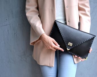 Black Leather clutch/ Black leather bag / Envelope clutch / Leather evening bag / Black leather purse