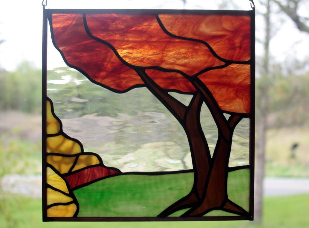 Stained Glass Fall Tree Autumn Tree Landscape Stained Glass | Etsy