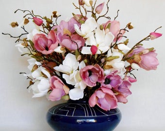 Artificial Flower Arrangement, Mauve & White Magnolia Blossoms, Navy Blue Vase, Silk Flower Arrangement, Silk Floral Home Decor, Home Decor,