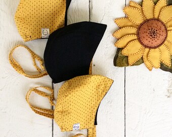 0-3 & 6-12 months - Reversible Bonnet - mustard/black (original style)