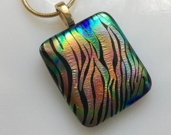 Dichroic Glass Jewelry, Fused Glass Jewelry, Dichroic Rainbow Zebra Stripe Necklace