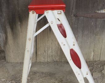 Mid-Century 1960s Folding Red and White Enamel Step Ladder