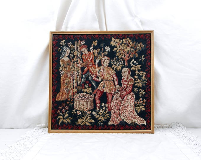Vintage French Framed Medieval Style Reproduction Tapestry "Les Vendanges", Grape Harvest, Wall Hanging, Medieval Decor, Castle, France,
