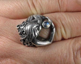 Mermaid Ring - Moonstone Ring - Art Nouveau Style - Sterling Silver Ring - Fairy Tale Ring - Fairytale Ring - Fantasy Ring - Undine - Naiad