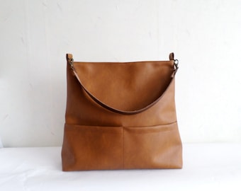 Leather tote bag, Vegan leather hobo bag with real leather handle, Casual shoulder bucket bag, Toffee brown bag, Honey brown bag, Cognac bag
