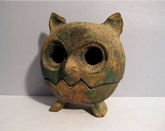 Midcentury Cast Iron Owl Incense Burner Japan 2 Piece Candle Holder Brutalist Style