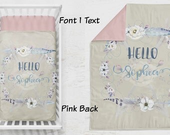 Custom Personalized Baby Quilt, Modern Baby Girl Quilt, Personalized Crib Bedding, Indian Feather Floral Baby Girl Crib Bedding, Tan Crib