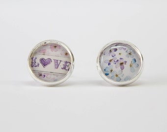 Love earrings, with heart and flowers, pink blue purple,silver color, Paradis des Bijoux