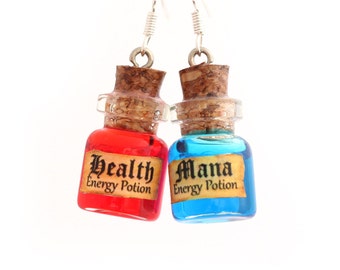Mana and Health potion earrings, geek jewelry, miniature potion jewelry