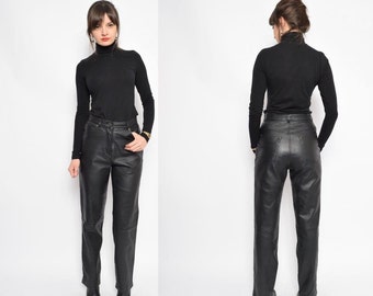 Vintage 90's Black Real Leather Pants / High Waisted Real Leather Pants / Leather Straight Leg Pants - Size Small