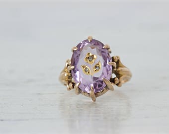 Rose of Sharon Ring | Antique Amethyst Ring | Civil War Era | 1870s Victorian Ring | 14k Rose Gold Ring | Rose Cut Diamond | Size 5.75