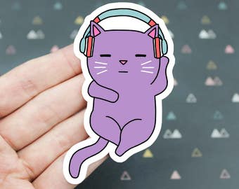 Headphones Sticker, Cat Headphones Sticker, Cat Listening To Music Vinyl Sticker, Laptop Sticker, Rave Cat Sticker, Cat Lover Sticker