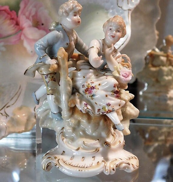 Antique 19th Century Miniature Figurine European Meissen Quality Porcelain Courting Couple Rococo Scrolling Base Girl Basket Flowers Boy