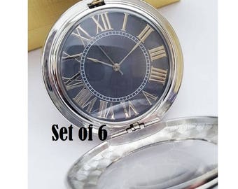 Set of 6 Silver Pocket Watch Groomsmen Gift Blue Dial Pocket Watches with Chains Best Man Groom Wedding Groomsman Engraved Personalized