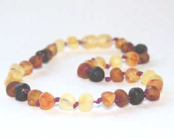 RAW Unpolished Baltic Amber Necklace, Bracelets & Anklets - rainbow connection collection - TEAL/PLUM cord