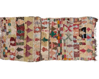 Light Green and Pink Moroccan Boucherouite Runner Rug - 240x110cm