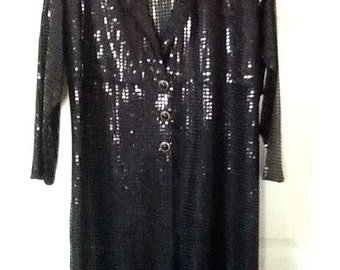 Vintage Black Sequin Midi Duster Coat / Midi Coat / SZ L TO XL / By The Icing / Abstract / High Fashion / Retro / Evening Wear / Hipster