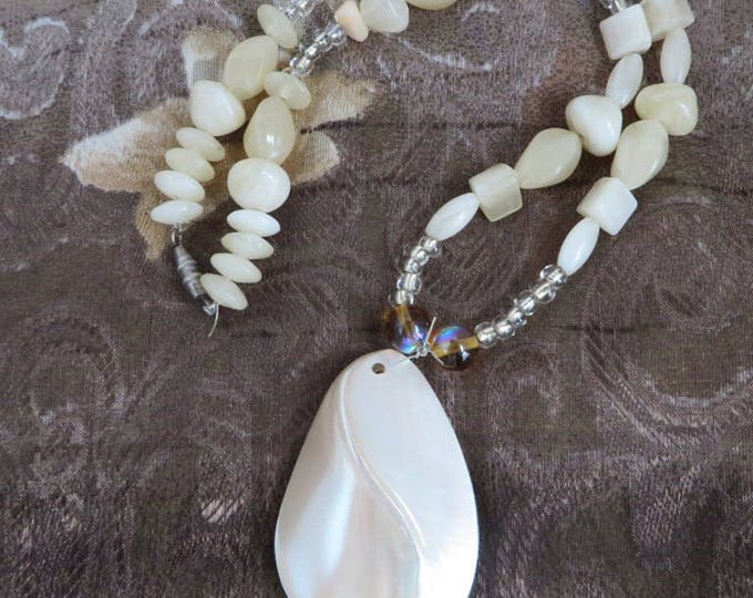 Vintage Shell Pendant Necklace Mother of Pearl, Abalone Beaded Necklace Costume Jewelry Gift Idea