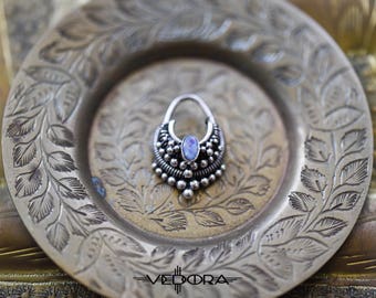 Tribal Stack Nose Ring-Opal Stone Center~Tribal Septum Ring-Silver Nose Ring~Indian Septum Ring-Vedora-Silver Earrings-Pierced Nose Jewelry