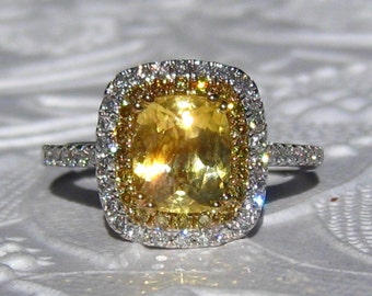 Yellow Sapphire Engagement Ring, Canary Yellow Cushion Sapphire in Double Diamond Halo Engagement Ring, Yellow Diamond Engagement Ring
