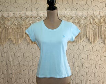 Womens Tshirts Ralph Lauren Top Light Blue & White Stripe Shirt Casual Summer Cotton Crew Neck Small Medium Womens Vintage Clothing
