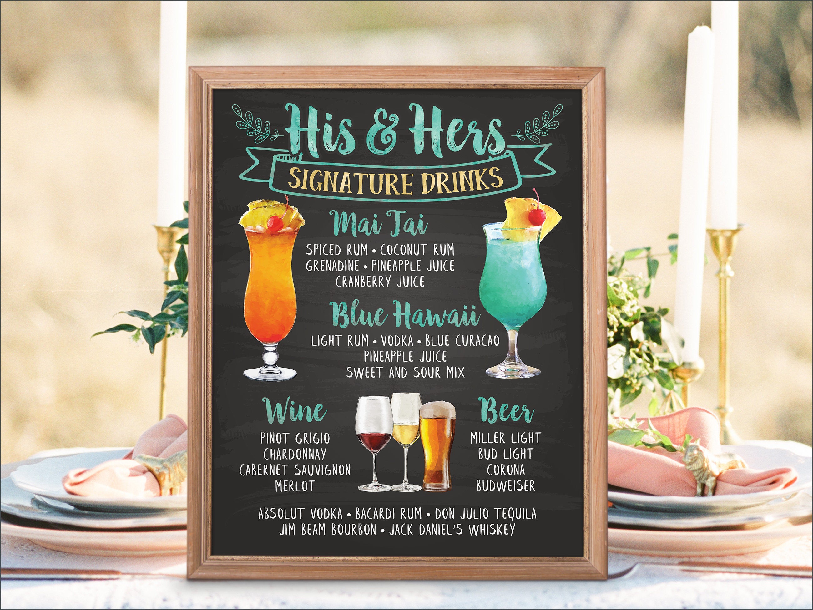 Digital Printable Wedding Bar Menu Sign His And Hers