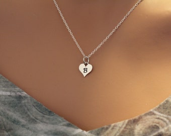 Sterling Silver B Letter Heart Necklace, Silver Tiny Stamped B Initial Heart Necklace, Stamped B Letter Charm Necklace, B Initial Necklace