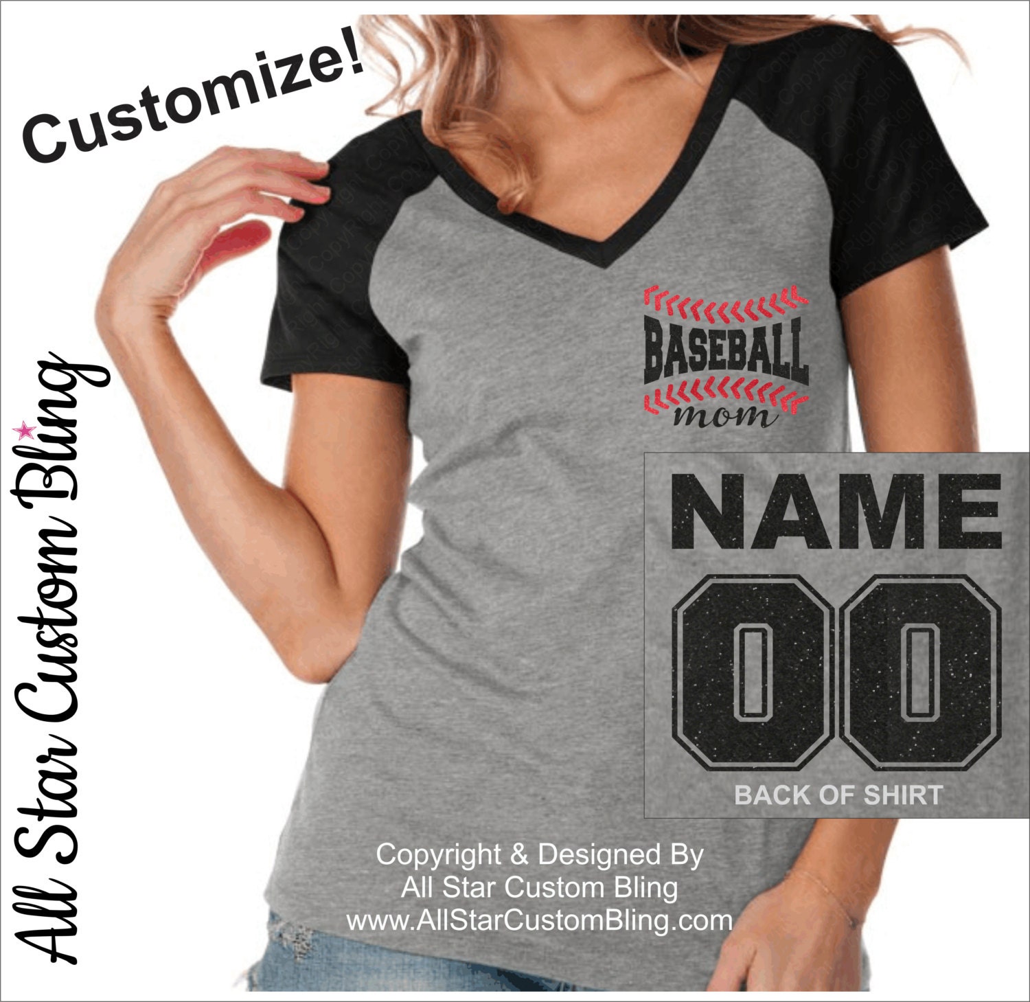 Baseball Mom Raglan Shirt with Name and Player Number On Back