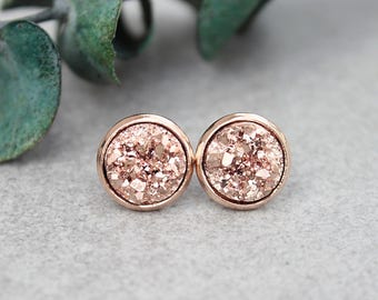 Rose Gold Stud Earrings, Rose Gold Druzy Earrings, Rose Gold Earrings, Rose Gold Post Earring, Rosegold Druzy Earring,Gold Stud Earring,10MM