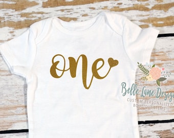 One with Heart Onesie | First Birthday | 12 Months | Glitter Gold | HTV | Happy Birthday | Girl | Cake Smash Outfit | 002