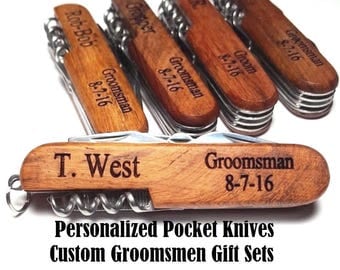 Personalized Groomsmen Gift Pocket Knife or Corkscrew or Tie Clip Tie Bar Engraved Custom Wood Wedding Groomsman Gifts Best Man Usher