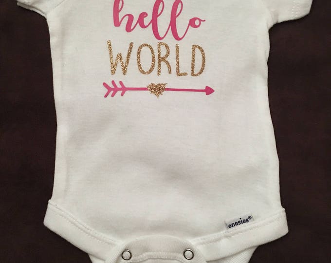 Baby Girl Coming Home Outfit - Hello World Baby Girl Onesies®, Newborn Baby Bodysuit, Pink and Gold, Baby Romper, Baby Shower Gift