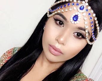 BLUE Sapphire Goddess Wedding Bridal Bohemian Boho Grecian Head Chain Hair Jewelry Head Piece Bollywood Bride Glam Prom hair chain headress