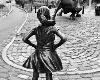 Fearless Girl Statue, New York Photography, Charging Bull, Wall Street, Black and White Print, NYC, Girl Power, Girls Room Decor, Wall Art