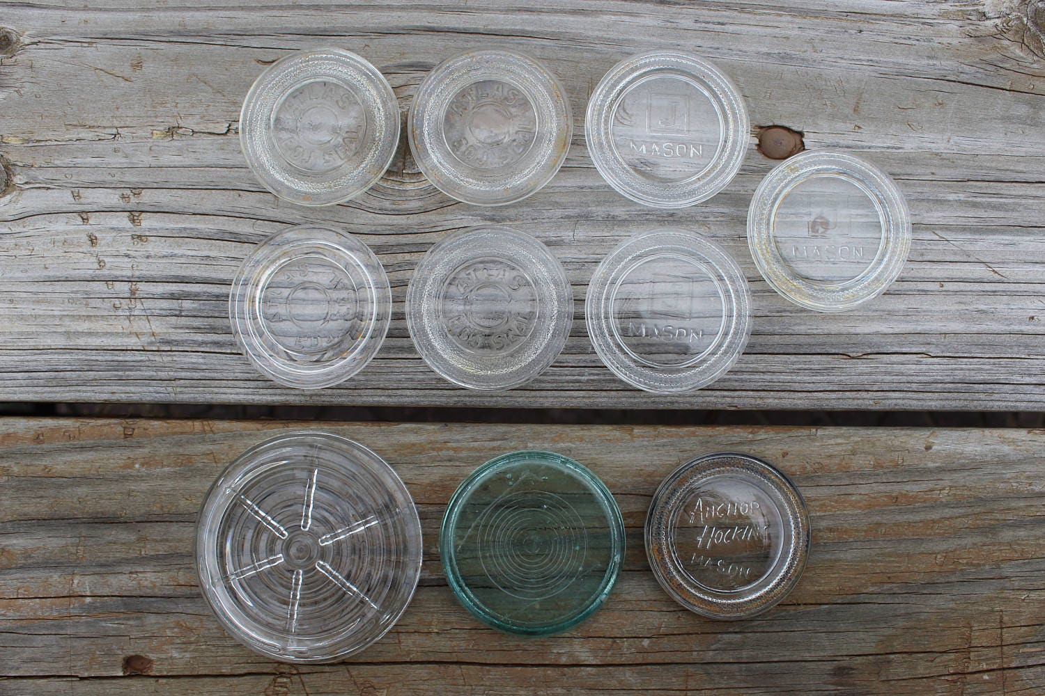 Lot of 10 Glass Mason Jar Lids Atlas EDJ Seal Anchor