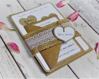 Burlap and lace rustic wedding invitation with rsvp