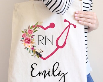 Nurse Tote Bag Personalized Tote Bag Gift For Nurse Stethoscope bag LPN tote bag Floral Tote bag Canvas Tote bag RN gift Tote bag Nurse Bag