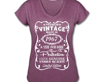 50th Birthday Shirt for Women - **VELVETY PRINT** *Tri-Blend Colors* - 50th Birthday Gift Ideas for Women "Made in 1967" Vneck Shirt for Her
